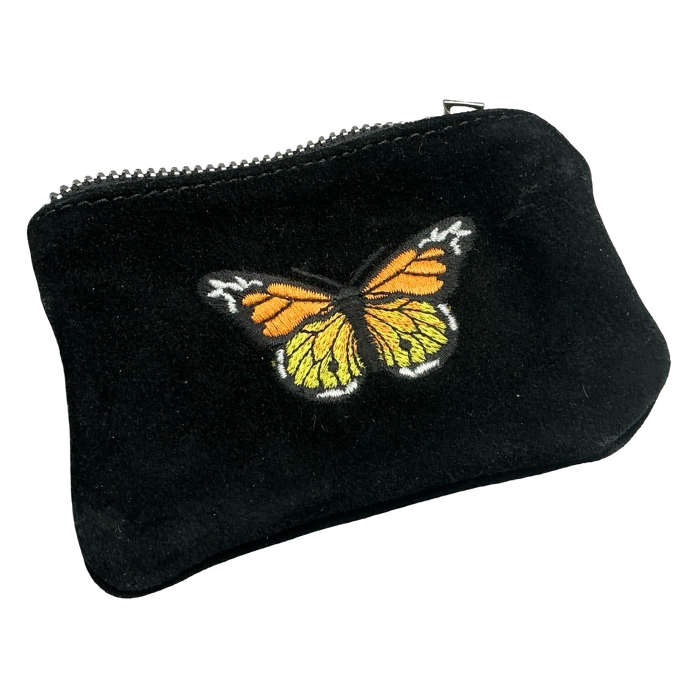 Black Suede Butterfly Embroidered Coin Pouch Zipper Mini Wallet
